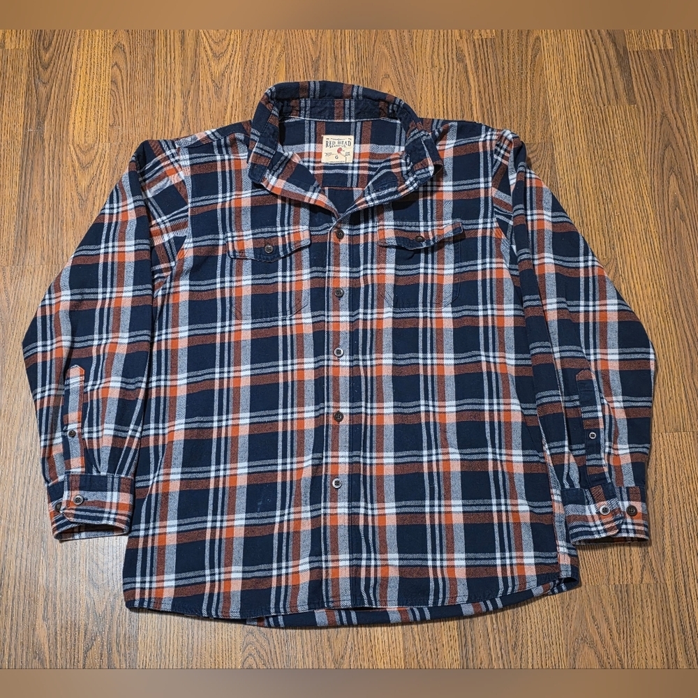 RedHead Men’s L Lumberjack Plaid Button-Down Flannel Shirt Navy Blue Orange D55